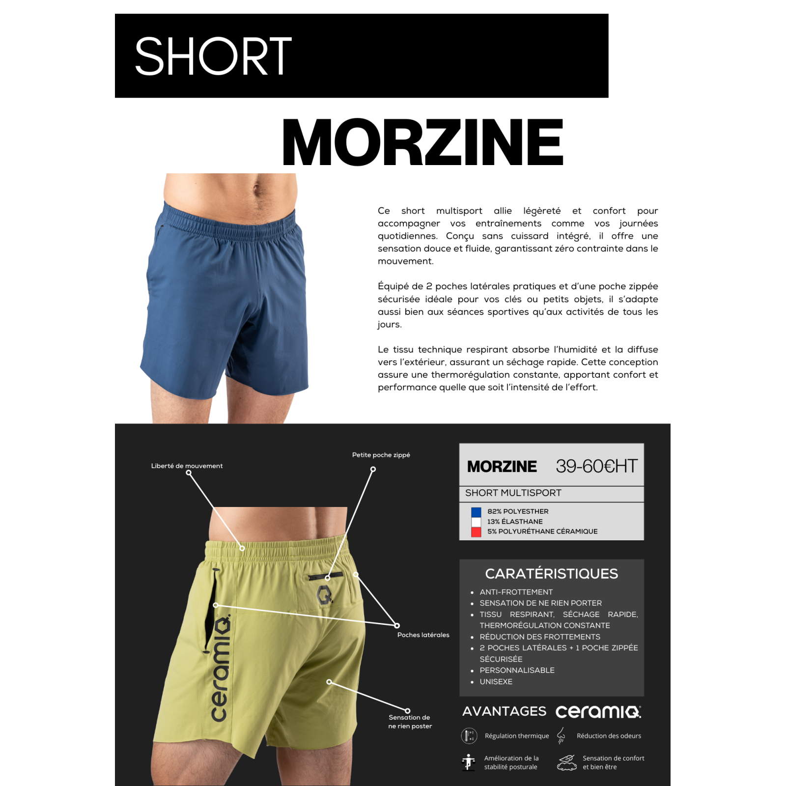 Short multisport personnalisée clubs | Ceramiq® premium thermorégulant